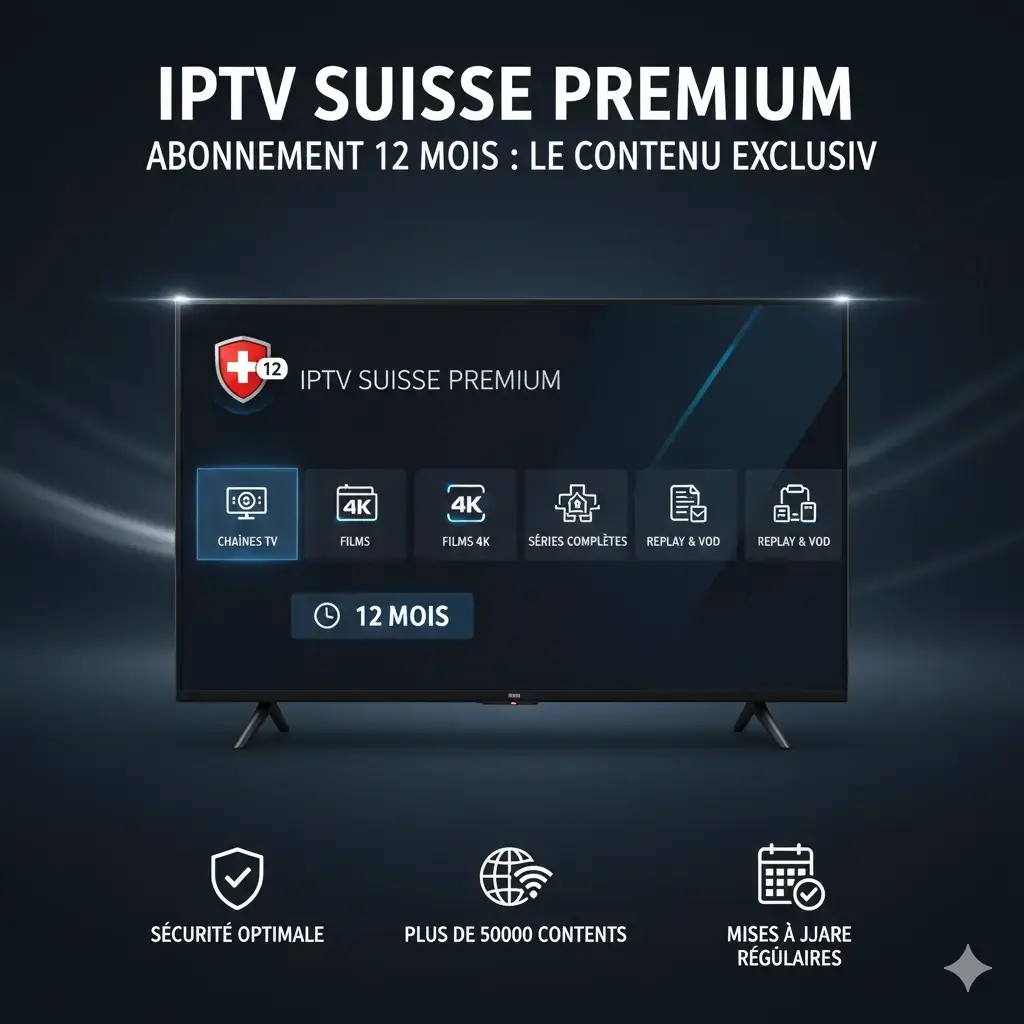 iptv suisse, abonnement iptv, iptv légal, iptv suisse pas cher, chaînes tv, streaming, 4K, fibre optique, appareils compatibles, m3u, test iptv, vod, android tv, firestick, smart tv